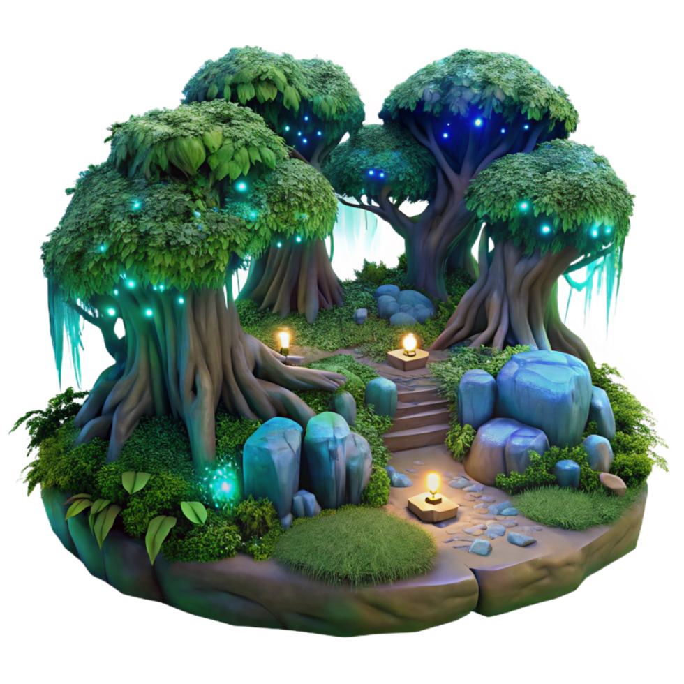 glorious modern A hidden grove of ancient trees with glowing bioluminescent moss, magical twilight lighting, in a fantasy realism style gallery standard png
