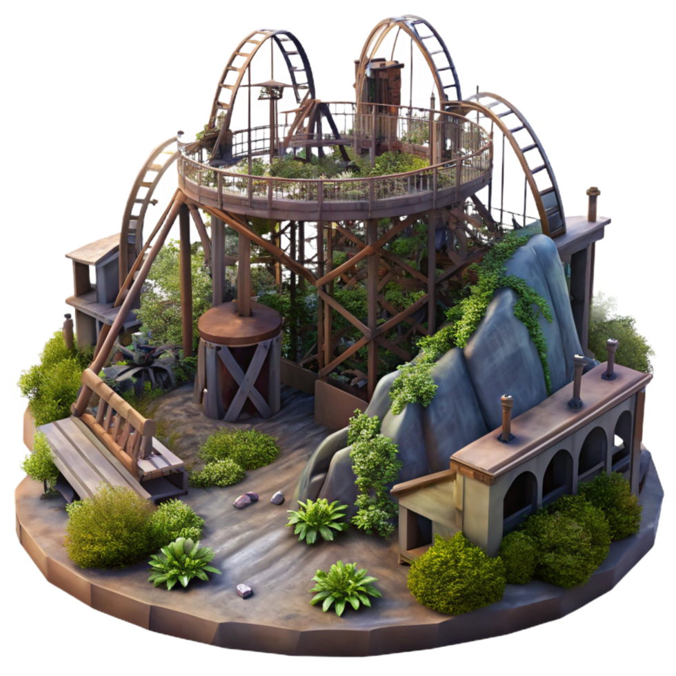 memorable nordic An abandoned amusement park with rusting roller coasters and overgrown vegetation, eerie twilight lighting, dystopian style original png