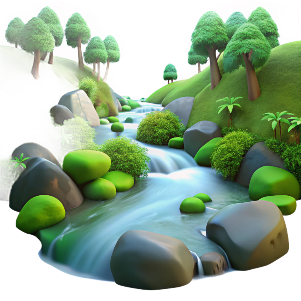 majestic coveted A babbling brook flowing through a lush forest, long exposure, soft, diffused light, tranquil atmosphere, png
