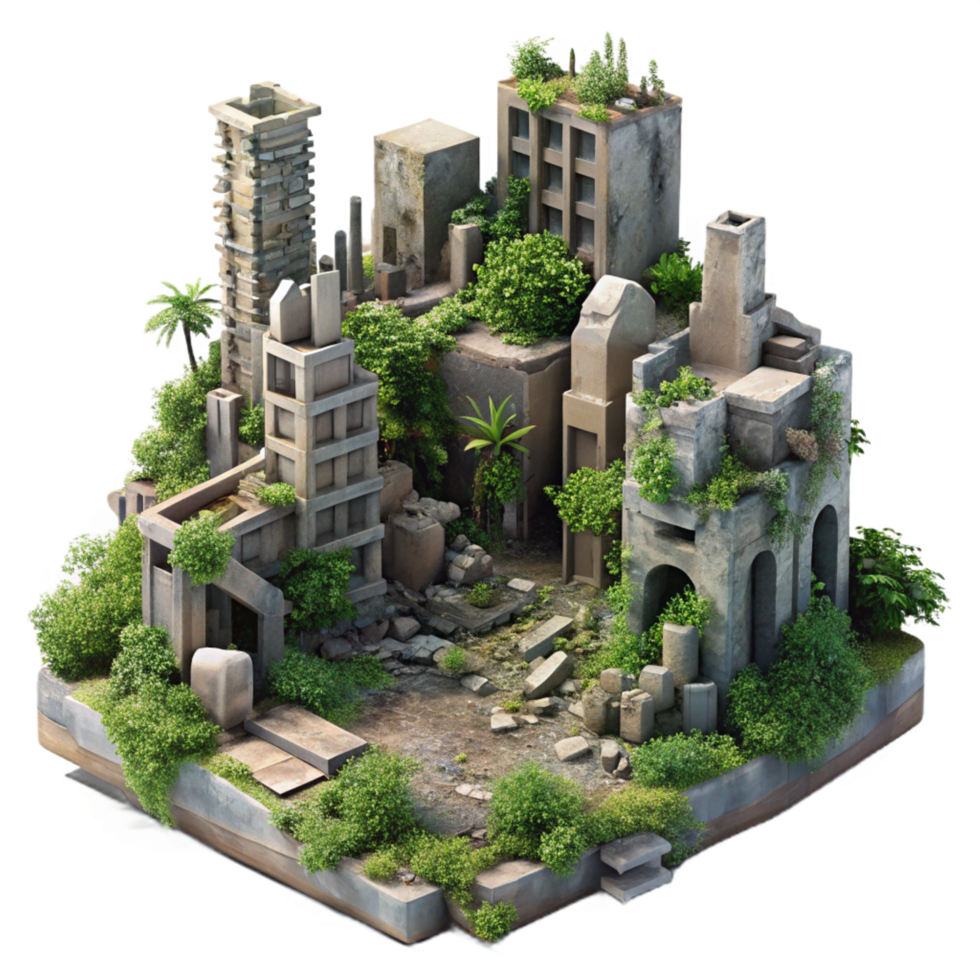 unparalleled tropical Post apocalyptic city ruins overgrown with vegetation, muted colors, melancholic mood, matte painting style, elite png