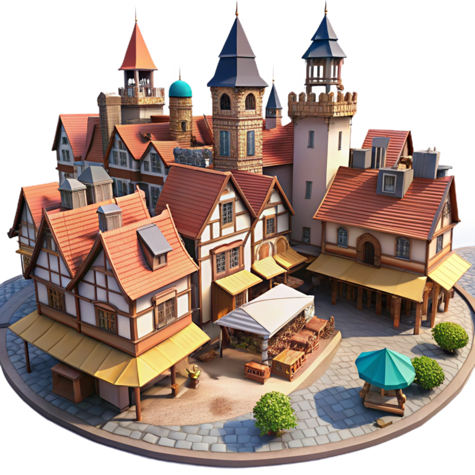 hypnotic intense baroque A sprawling medieval city with cobblestone streets and half timbered houses, bustling market scene, midday sunlight exclusive png