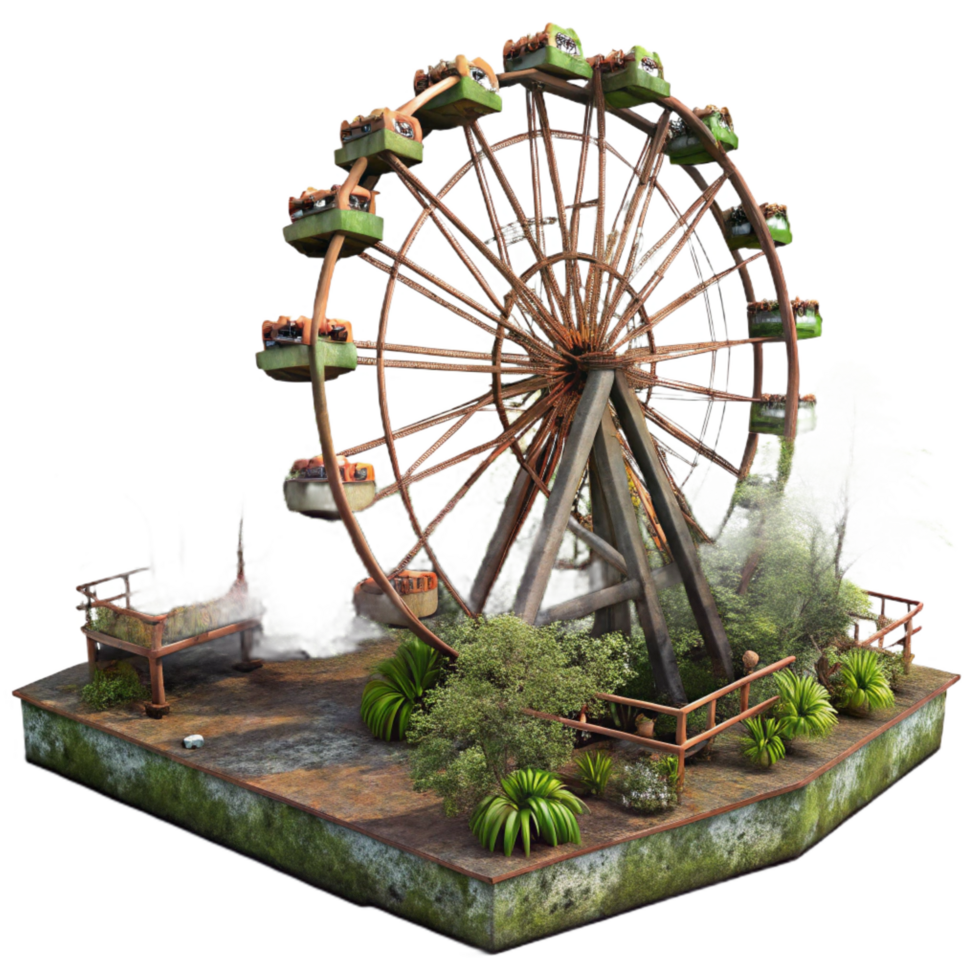 whimsical dramatic An abandoned amusement park, overgrown with weeds, rusty Ferris wheel, eerie atmosphere, post apocalyptic, masterfully captured png
