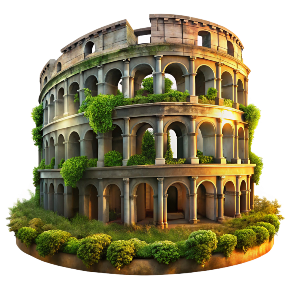 radiant coastal A crumbling Roman colosseum overgrown with vegetation, dramatic sunset lighting, photorealistic style refined png