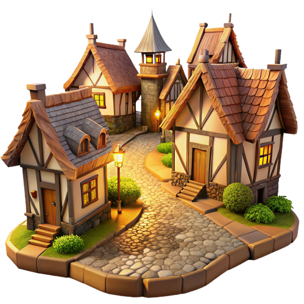 serene energetic abstract A medieval village with cobblestone streets and thatched roof cottages, warm afternoon light, fantasy art studio quality png