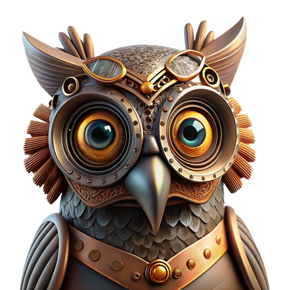 bold dramatic A close up portrait of a steampunk owl, with intricate clockwork mechanisms integrated into its feathers, illuminated by a dramatic spotlight, in a hyperrealistic style expertly shot png