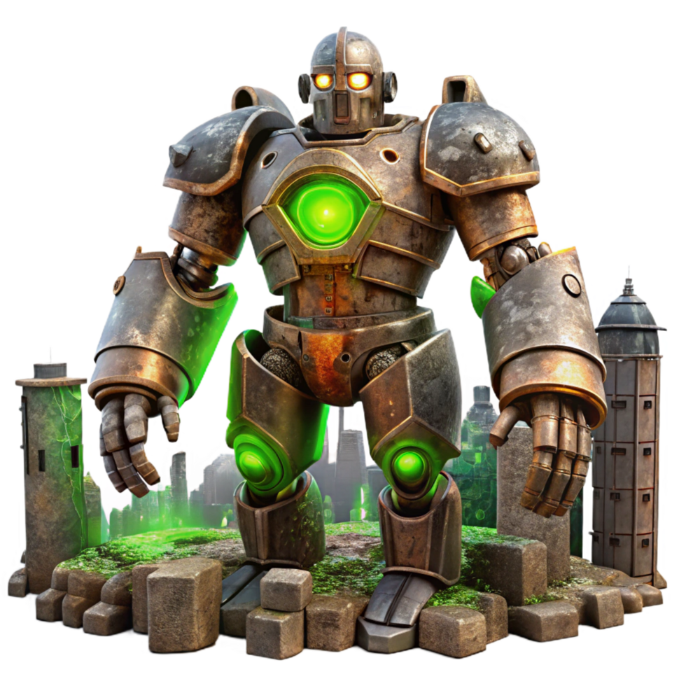 spectacular industrial A giant robot, made of rusted metal and glowing green energy cores, stands guard over a crumbling city. Post apocalyptic style, dramatic lighting genuine png