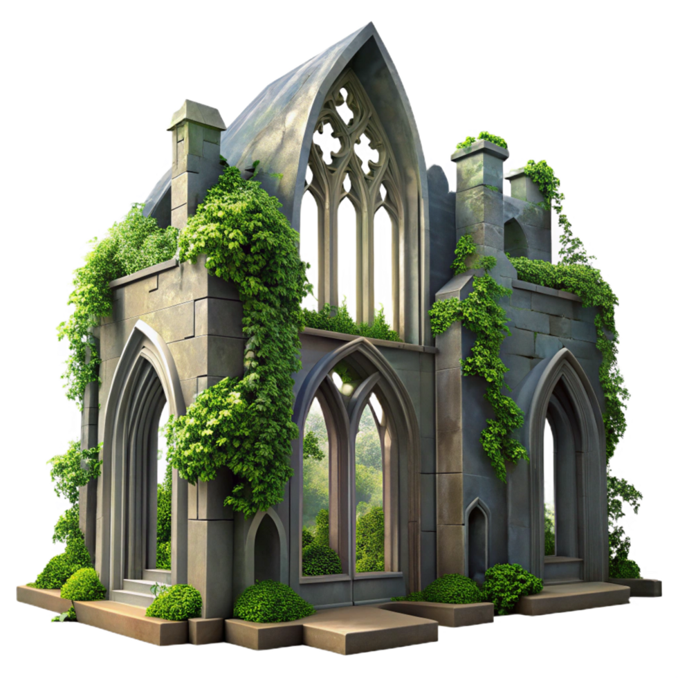 breathtaking acclaimed A crumbling gothic cathedral overgrown with ivy, dappled sunlight filtering through broken stained glass, hyperrealistic style png