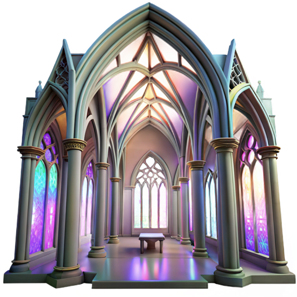 splendid dynamic creative Gothic cathedral interior, stained glass windows casting colorful light, ethereal atmosphere, Greg Rutkowski, high quality png