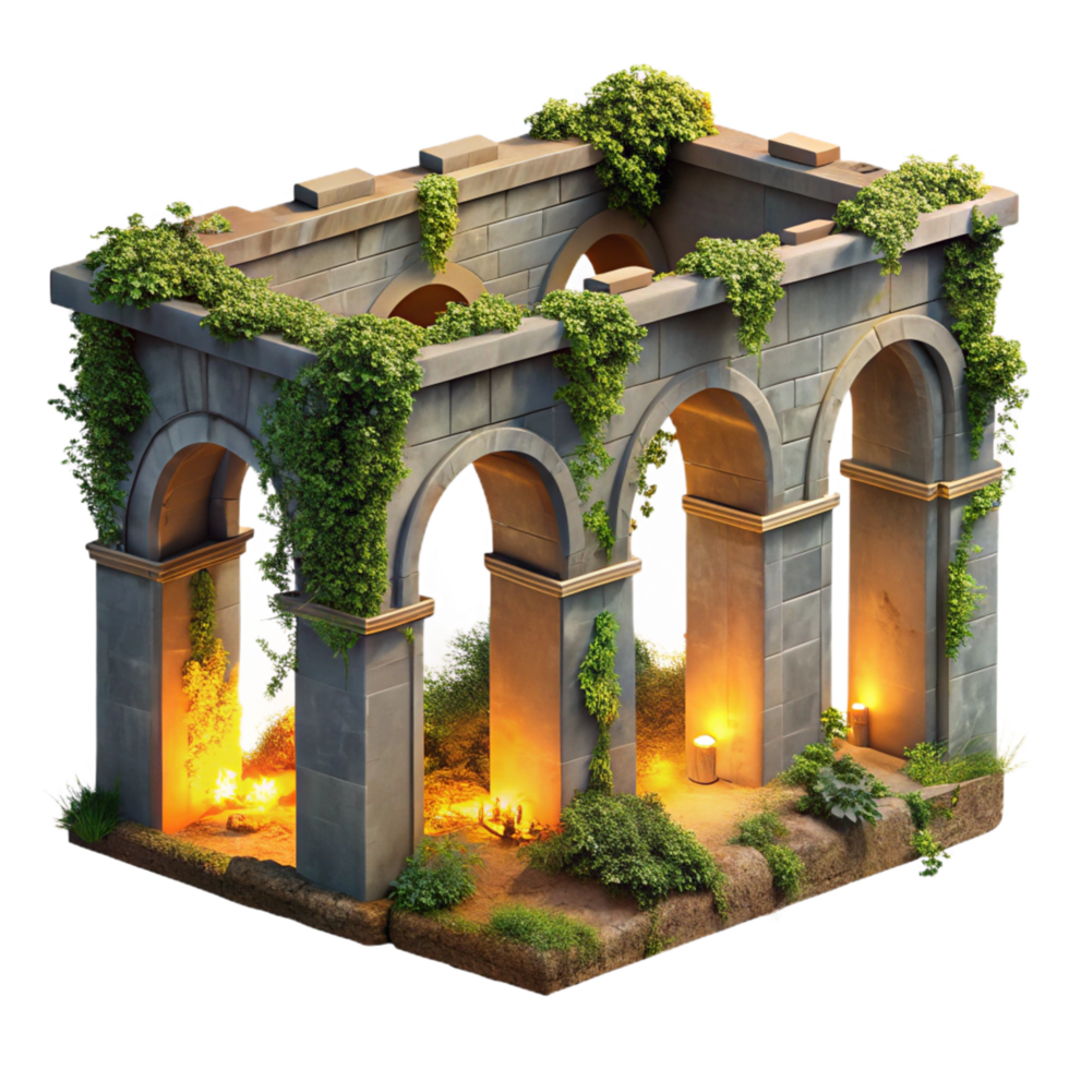 memorable elegant A crumbling Roman aqueduct, overgrown with vegetation, golden hour lighting, historical illustration style ultra HD png