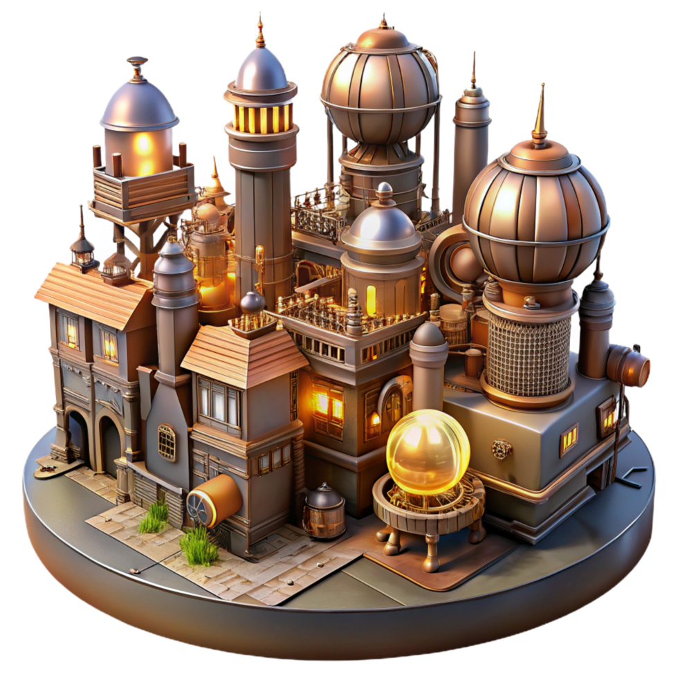 sought after futuristic A steampunk cityscape, with towering buildings adorned with gears, pipes, and airships, illuminated by the warm glow of gaslight, in a detailed, panoramic style fine detail png