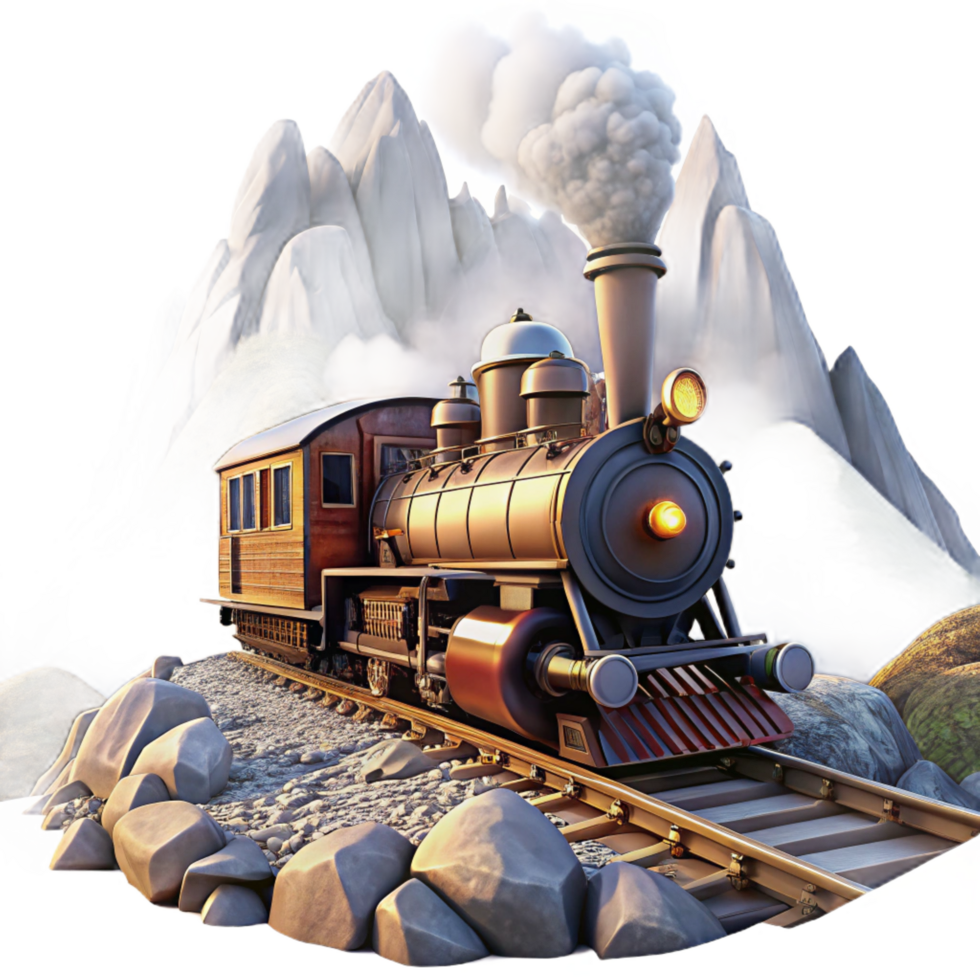 hypnotic bohemian A steampunk train speeding through a mountainous landscape, emitting plumes of steam and smoke, illuminated by the bright sunlight. Natural lighting, realistic style perfect clarity png