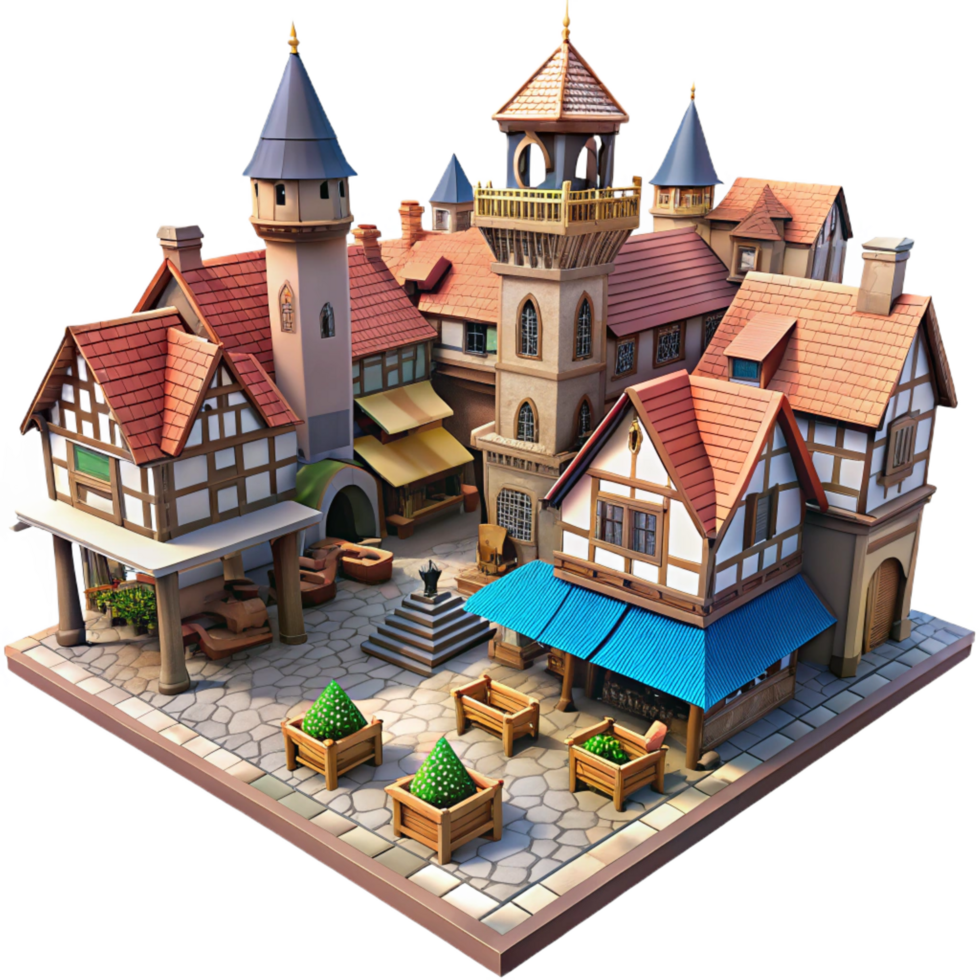 nostalgic beautiful A sprawling medieval city with cobblestone streets and half timbered houses, bustling market scene, midday sunlight detailed png