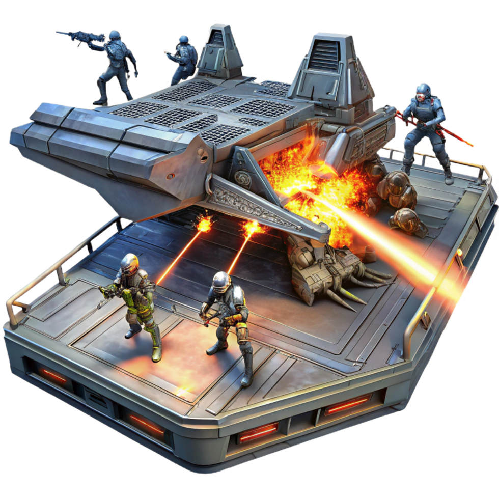 immaculate artistic A group of space pirates boarding a derelict spaceship, laser fire illuminating the chaotic scene. Dark, gritty lighting. Space opera style precision png