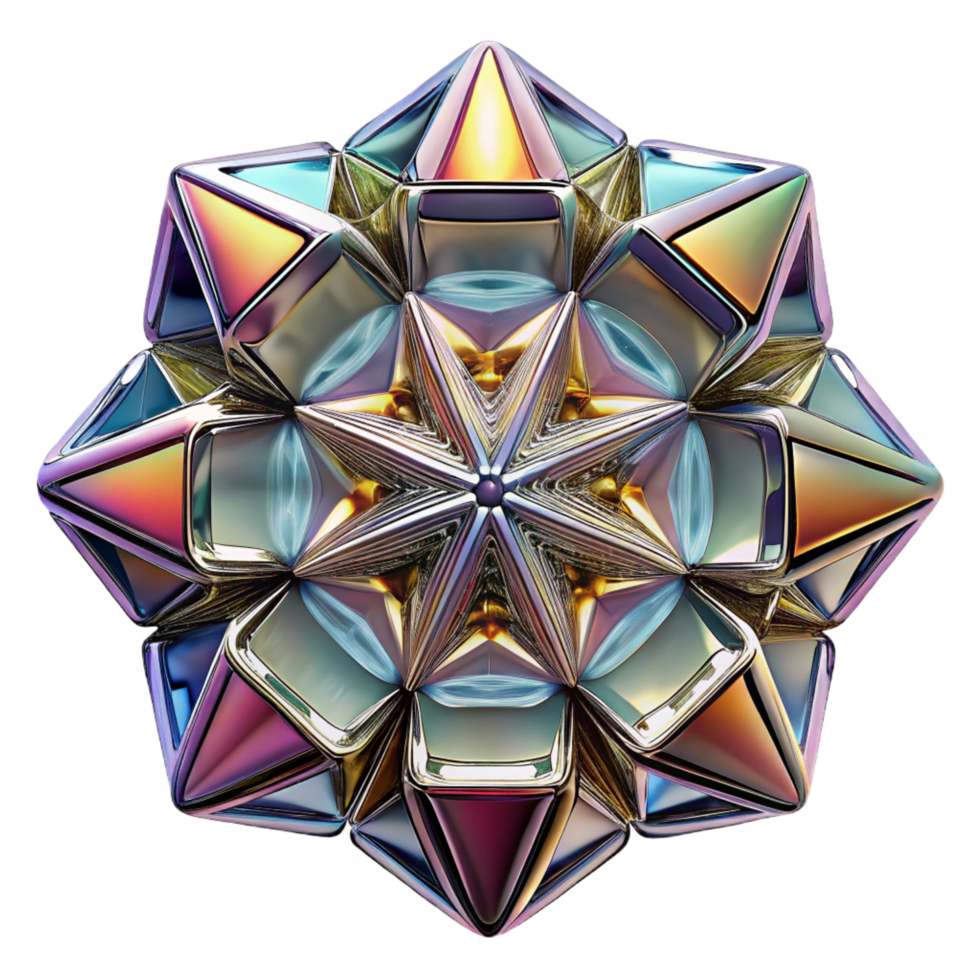 exemplary art deco A kaleidoscope of fragmented, mirrored surfaces, reflecting distorted, abstract shapes, with a bright, multi colored light source elite png