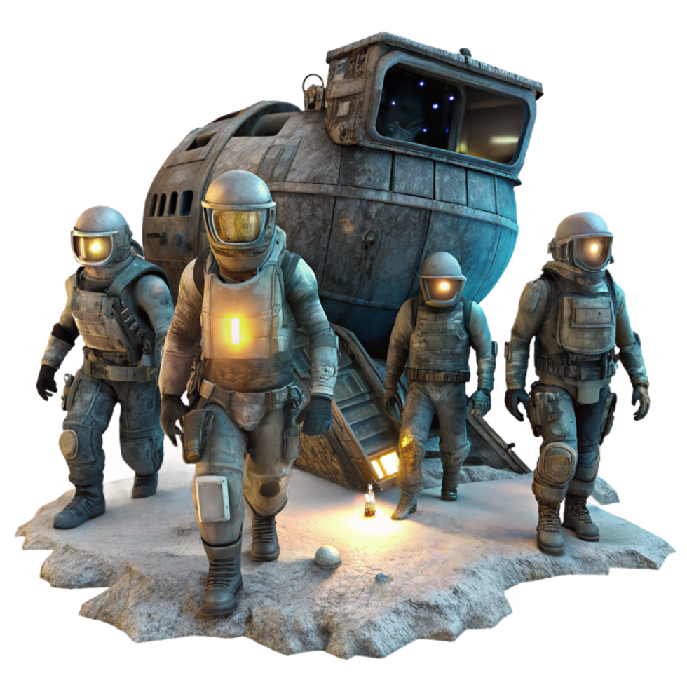 standout bohemian A group of space pirates in tattered spacesuits explores a derelict spaceship, illuminated by the flickering light of their headlamps. Dieselpunk style, gritty texture studio quality png