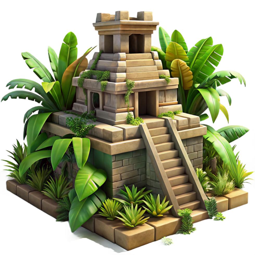 dramatic retro A crumbling Mayan temple overgrown with vibrant jungle foliage, dappled sunlight, hyperrealistic, intricate details, precision png