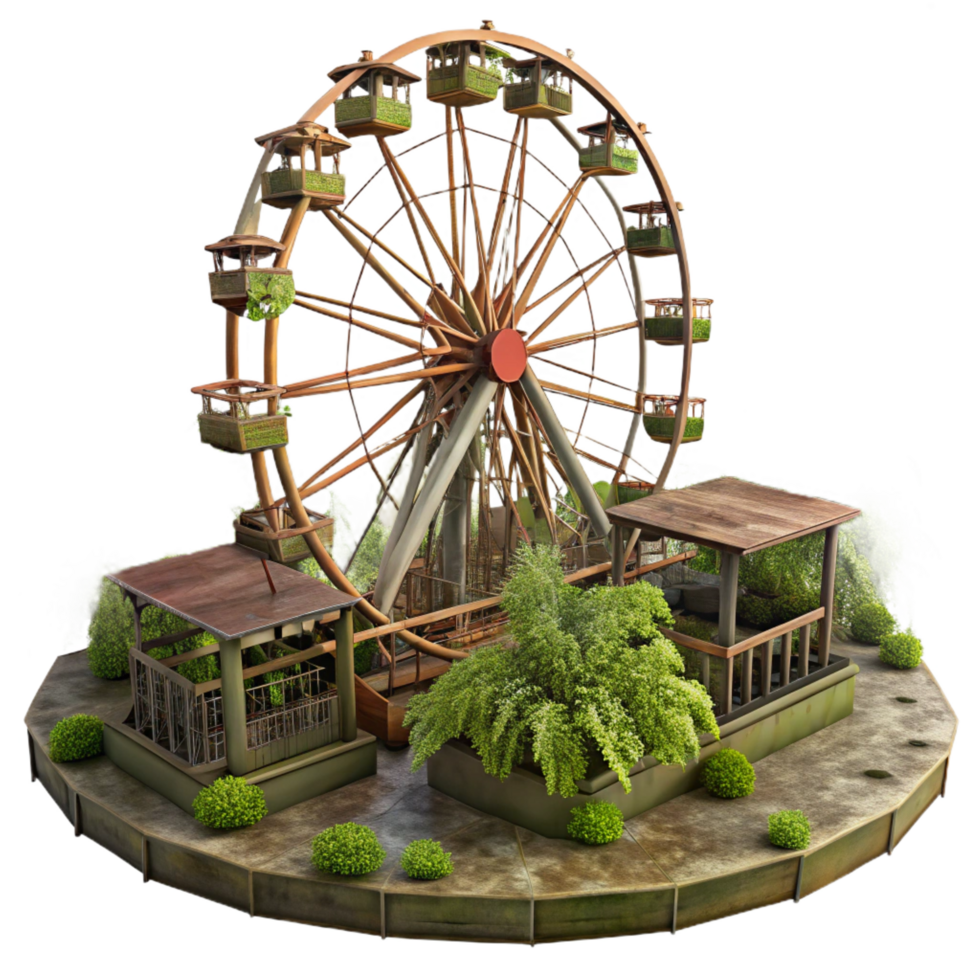 splendid tranquil industrial An abandoned amusement park, overgrown with weeds, rusty Ferris wheel, eerie atmosphere, post apocalyptic, authentic png