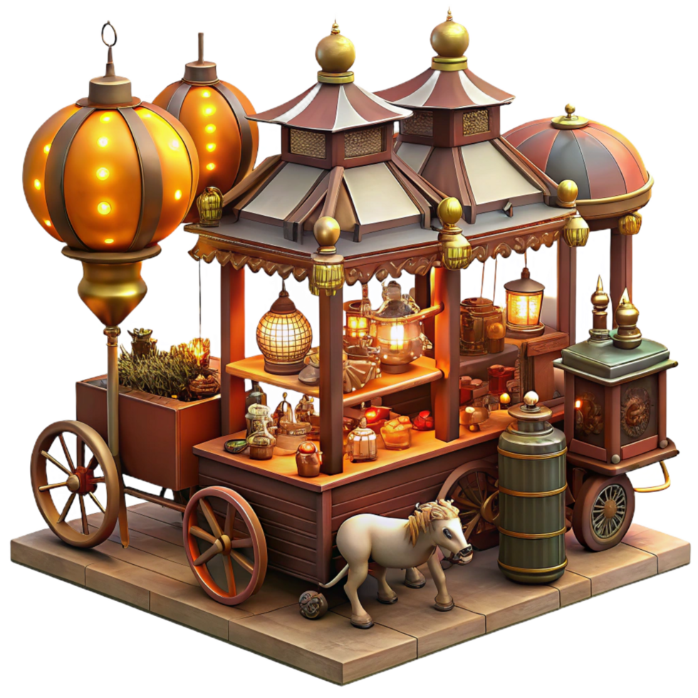 intense splendid A bustling steampunk marketplace, filled with vendors selling bizarre gadgets and automatons, bathed in the warm glow of gaslights. Detailed, cinematic style luxury png