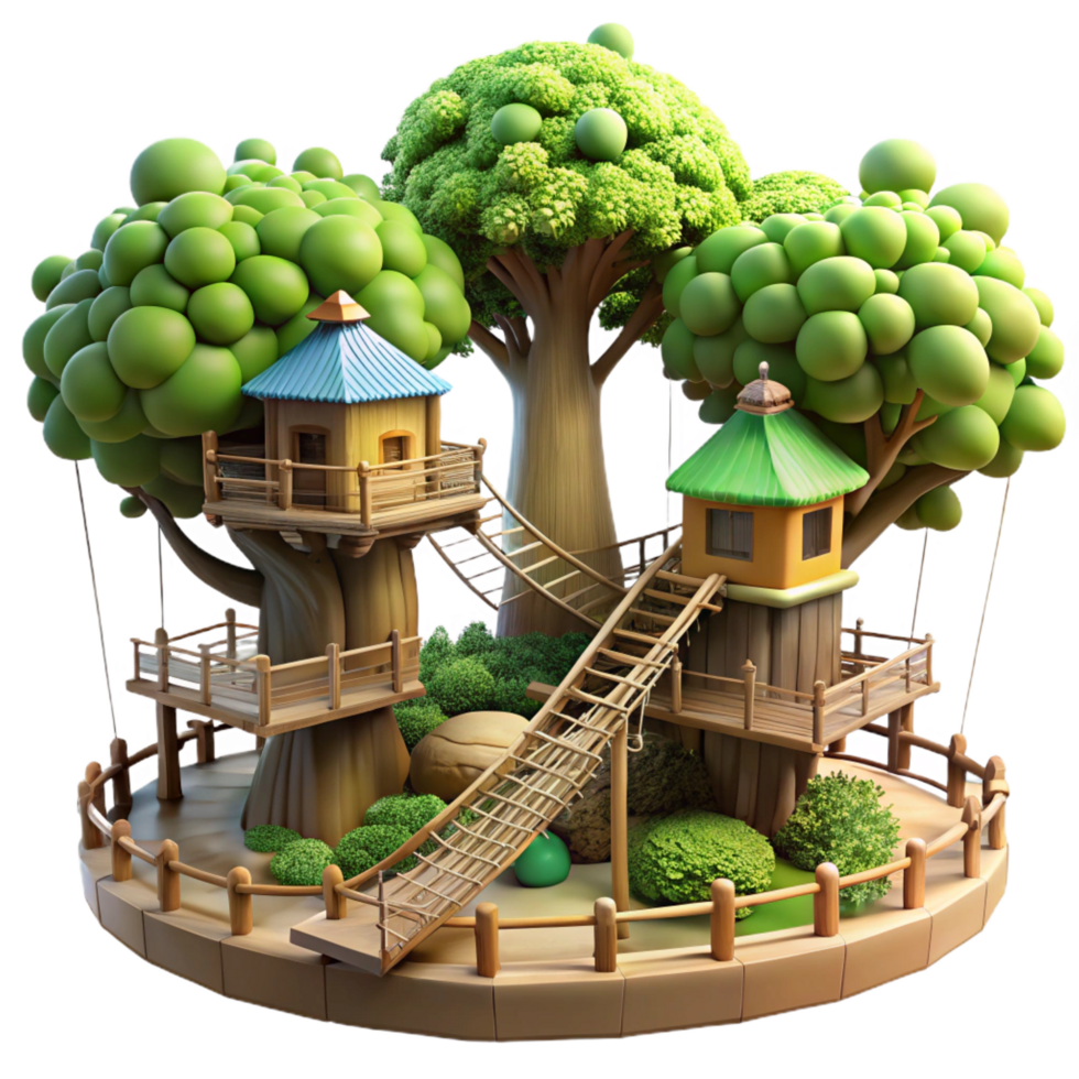 glorious classic A treehouse village interconnected by rope bridges, lush foliage, dappled sunlight, whimsical atmosphere, fantasy style, sharp png