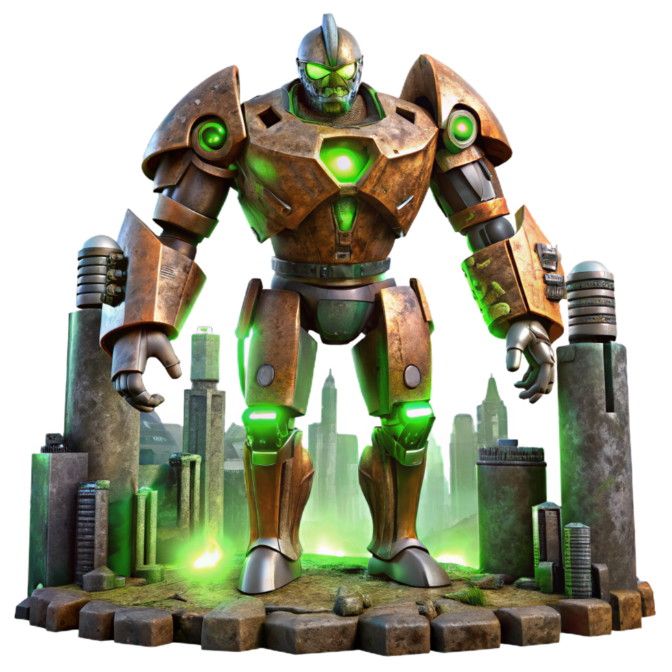 magnificent traditional A giant robot, made of rusted metal and glowing green energy cores, stands guard over a crumbling city. Post apocalyptic style, dramatic lighting genuine png