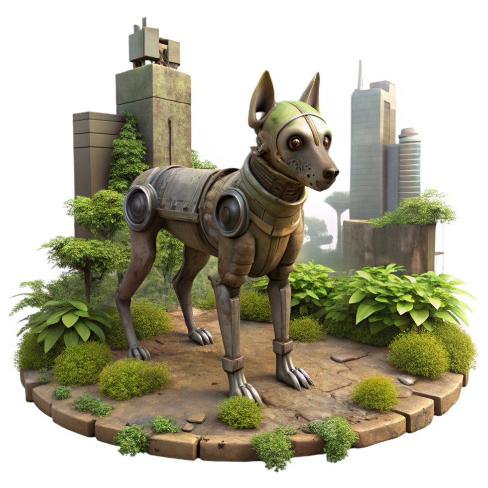 passionate breathtaking A lone, robotic dog wanders through a deserted, post apocalyptic city, overgrown with vegetation. Cyberpunk style, gritty texture 8K png