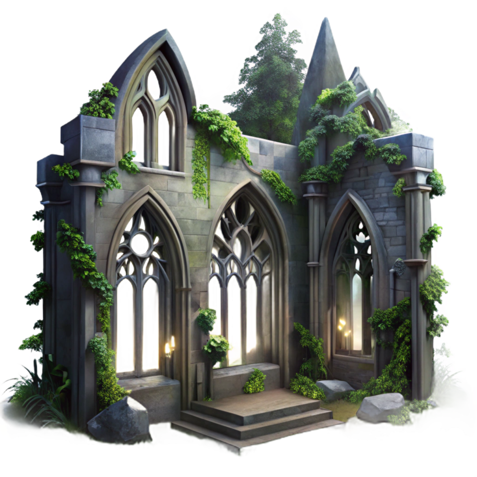 pristine ethereal surreal A crumbling Gothic cathedral overgrown with ivy, moonlight streaming through broken stained glass windows, hyperrealistic style handcrafted png