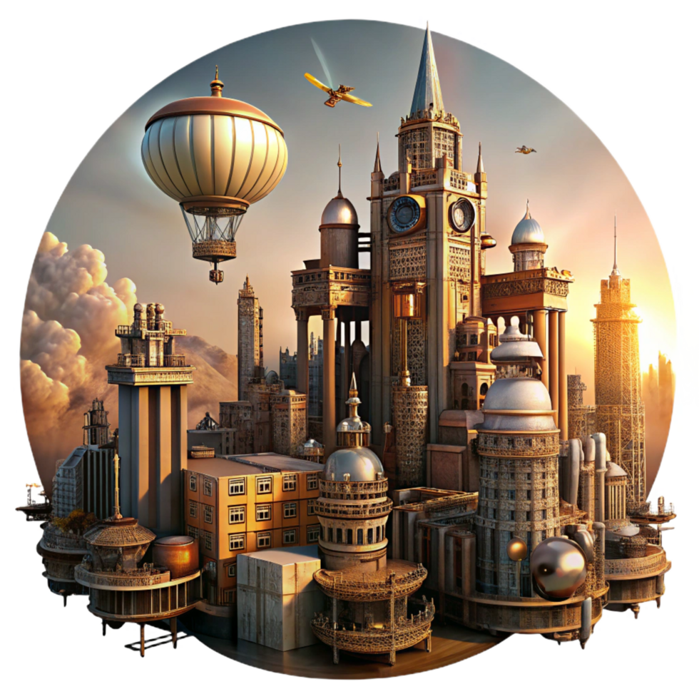 unforgettable bohemian A steampunk cityscape, towering buildings with intricate clockwork mechanisms, airships flying overhead, bathed in the warm glow of a setting sun professional png