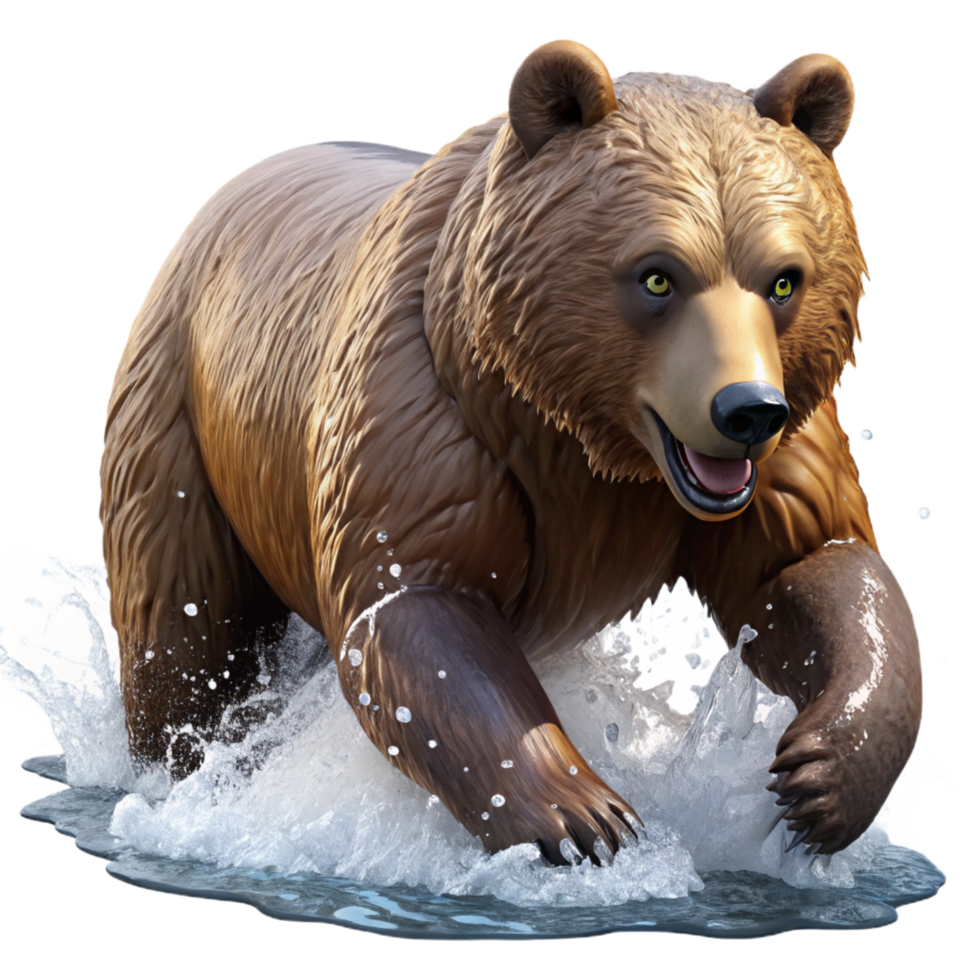 pristine artistic A powerful grizzly bear fishing for salmon in a rushing river, spray of water and sunlight glinting on its fur, wildlife photography style exclusive png