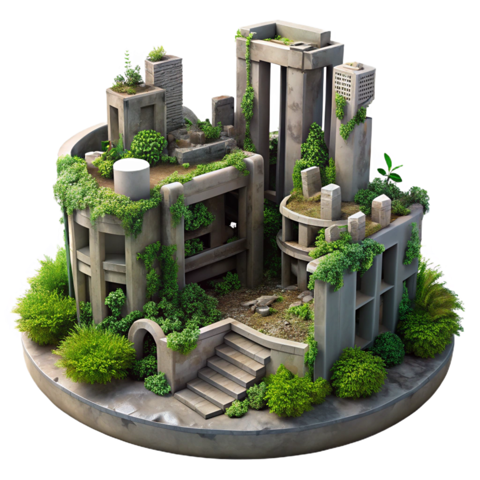 sought after impressionist Post apocalyptic city ruins overgrown with vegetation, muted colors, melancholic mood, matte painting style, exclusive png