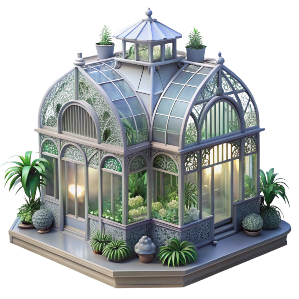 gorgeous dreamy urban A floating Victorian greenhouse filled with exotic plants, soft light, ethereal, highly detailed, authentic png