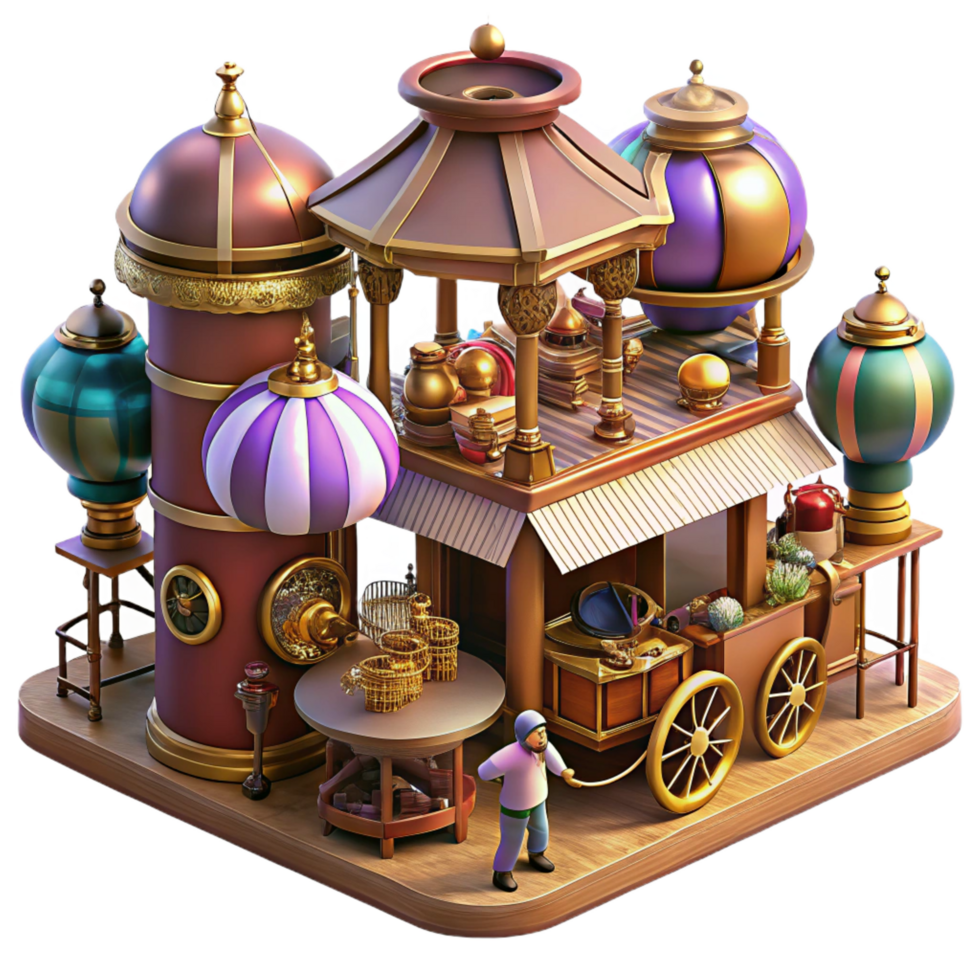 striking industrial A bustling steampunk marketplace, filled with vendors selling fantastical gadgets and automatons, vibrant colors, dynamic lighting, art nouveau style artisan png