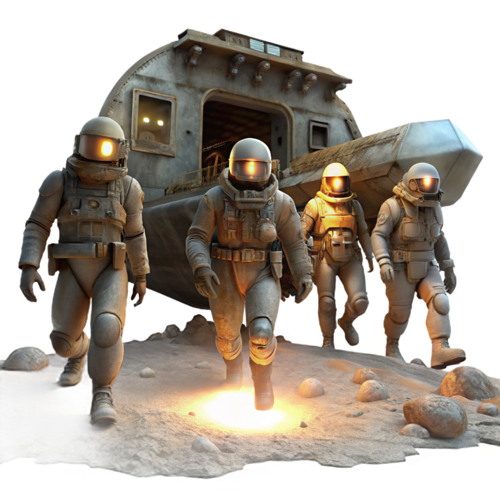 calm serene A group of space pirates in tattered spacesuits explores a derelict spaceship, illuminated by the flickering light of their headlamps. Dieselpunk style, gritty texture high resolution png