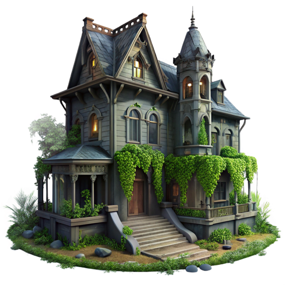 playful striking Abandoned Victorian mansion, overgrown with ivy, dimly lit interior, eerie mood, gothic horror style, perfect clarity png