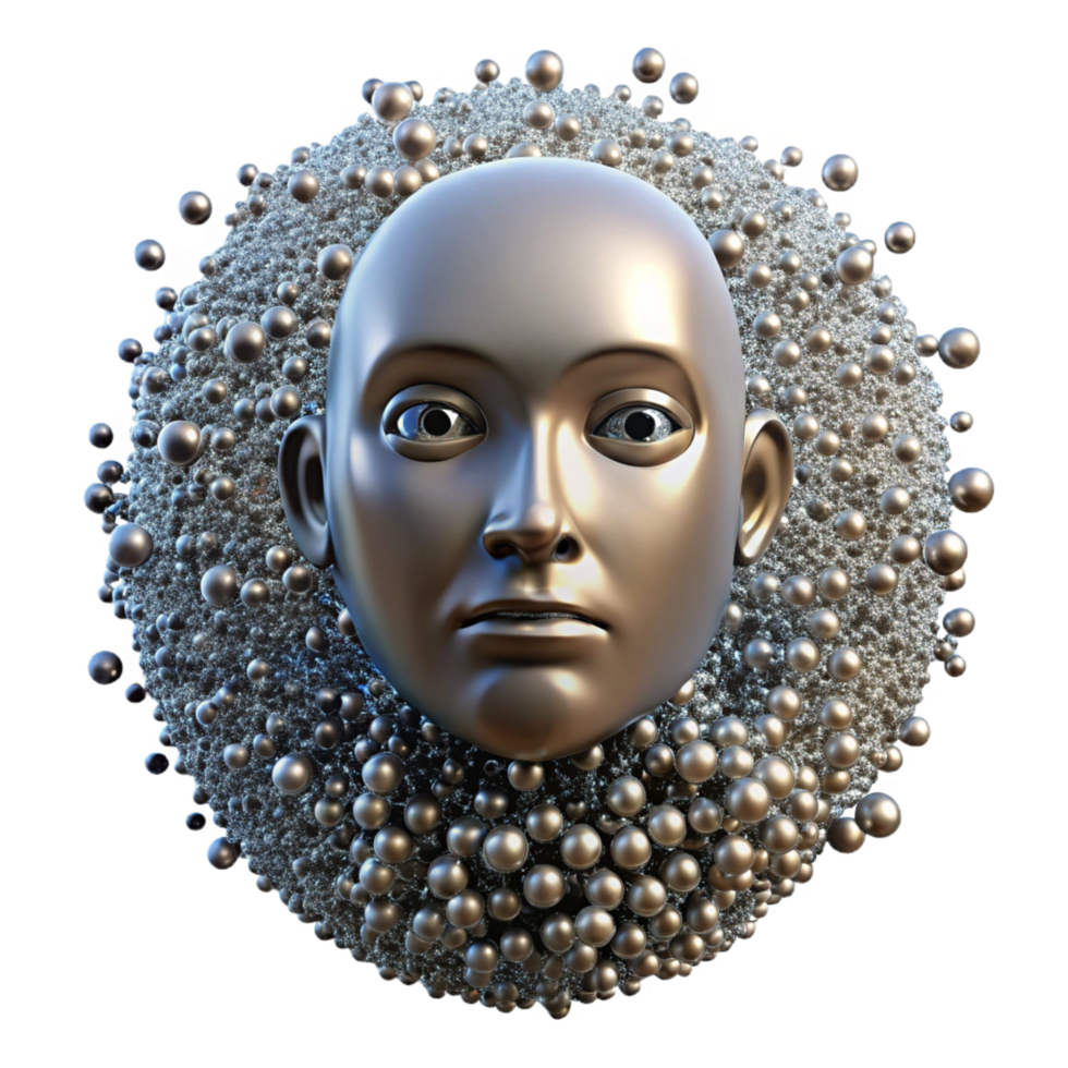 acclaimed traditional A swarm of nanobots forming a human face, shimmering metallic particles, dynamic lighting, abstract style ultra HD png