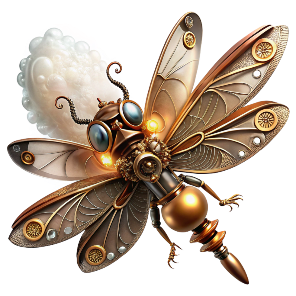 iconic minimalist A complex clockwork dragonfly, wings spread, gears and springs exposed, hovering against a backdrop of swirling steam, lit by flickering gaslight. Intricate, photorealistic style 4K png
