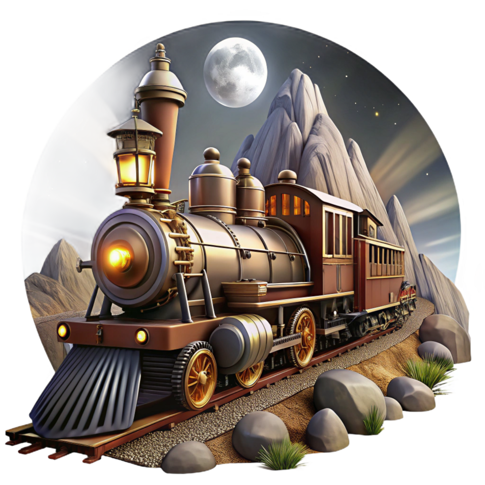 rare vintage A majestic steampunk train, powered by visible steam engines and gears, speeding through a mountainous landscape, lit by a full moon. Dynamic, cinematic style artisan png