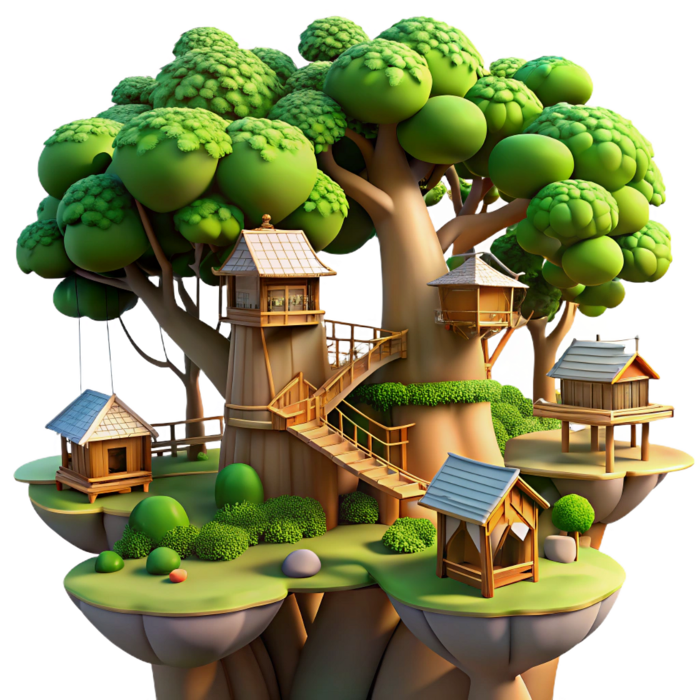 dazzling timeless Giant treehouse village connected by rope bridges, lush green foliage, dappled sunlight, fantasy art style, png