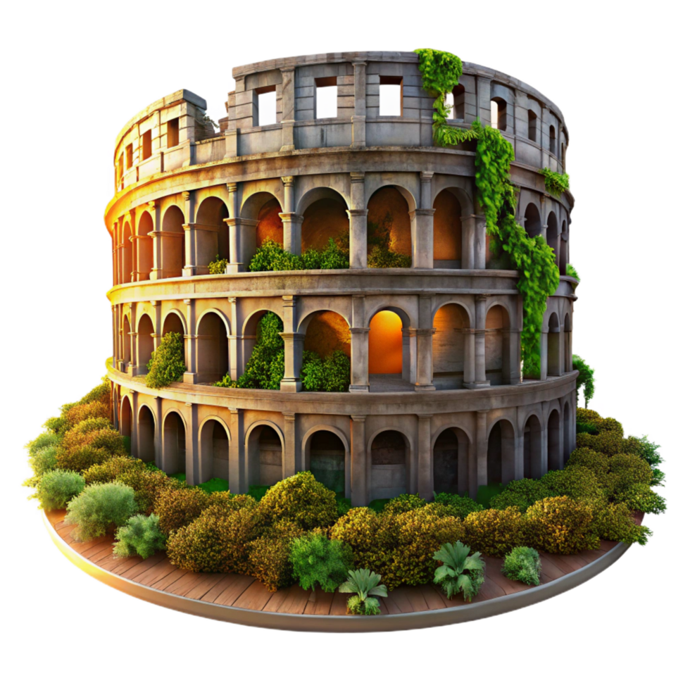 reflective beautiful A crumbling Roman colosseum overgrown with vegetation, dramatic sunset lighting, photorealistic style original png
