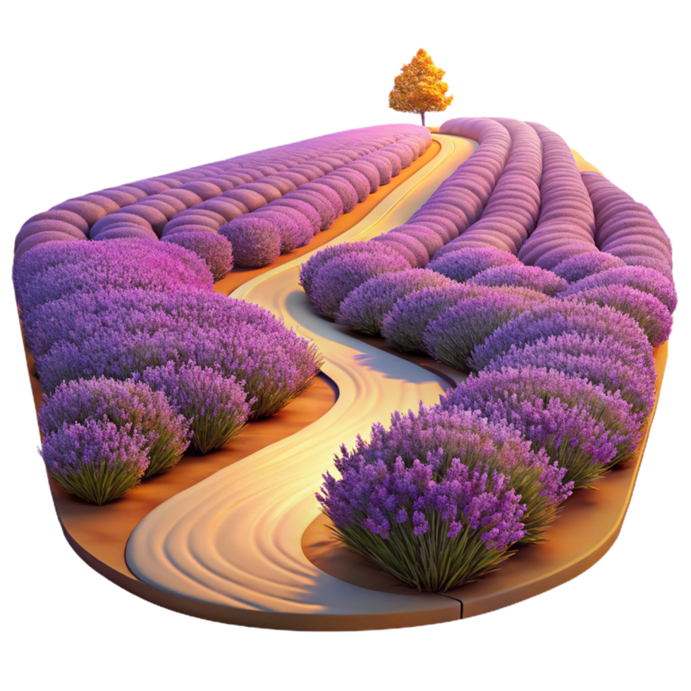 joyful striking A winding dirt road through a field of lavender at sunset, painterly style, warm golden light studio quality png