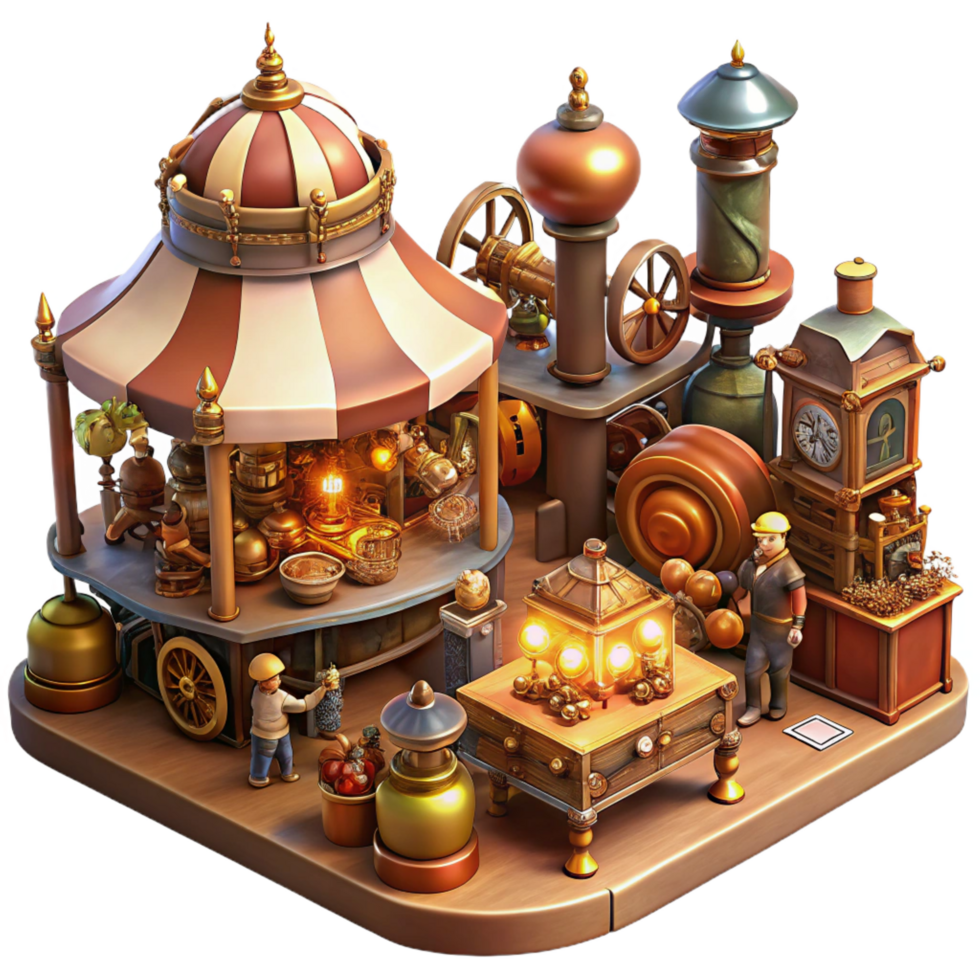 vibrant unforgettable A bustling steampunk marketplace, filled with vendors selling bizarre gadgets and automatons, warm gaslight illumination, a chaotic and vibrant scene png