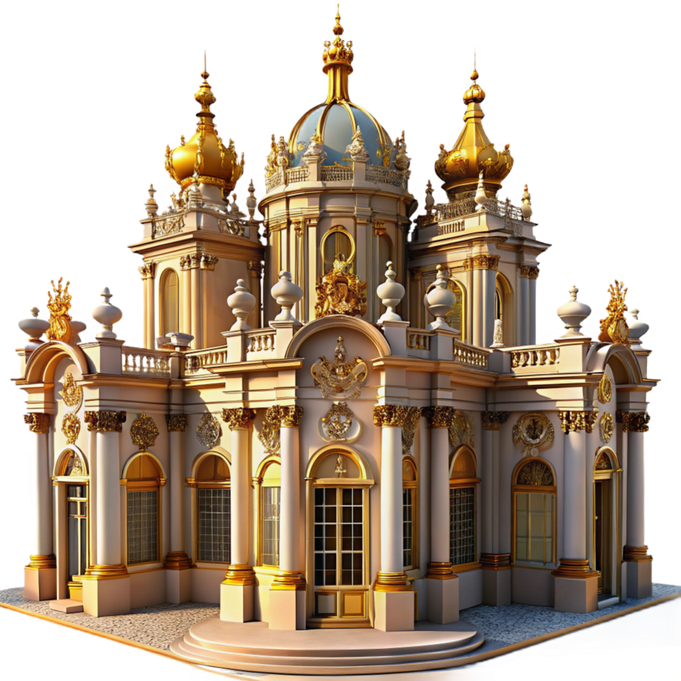 impressive timeless An elaborate Baroque palace with gilded decorations and intricate sculptures, warm afternoon sunlight, digital painting style png
