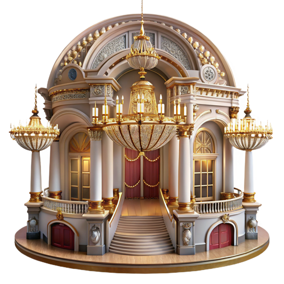 enchanting impressionist A grand opera house with ornate decorations and chandeliers, warm interior lighting, classical style crisp png