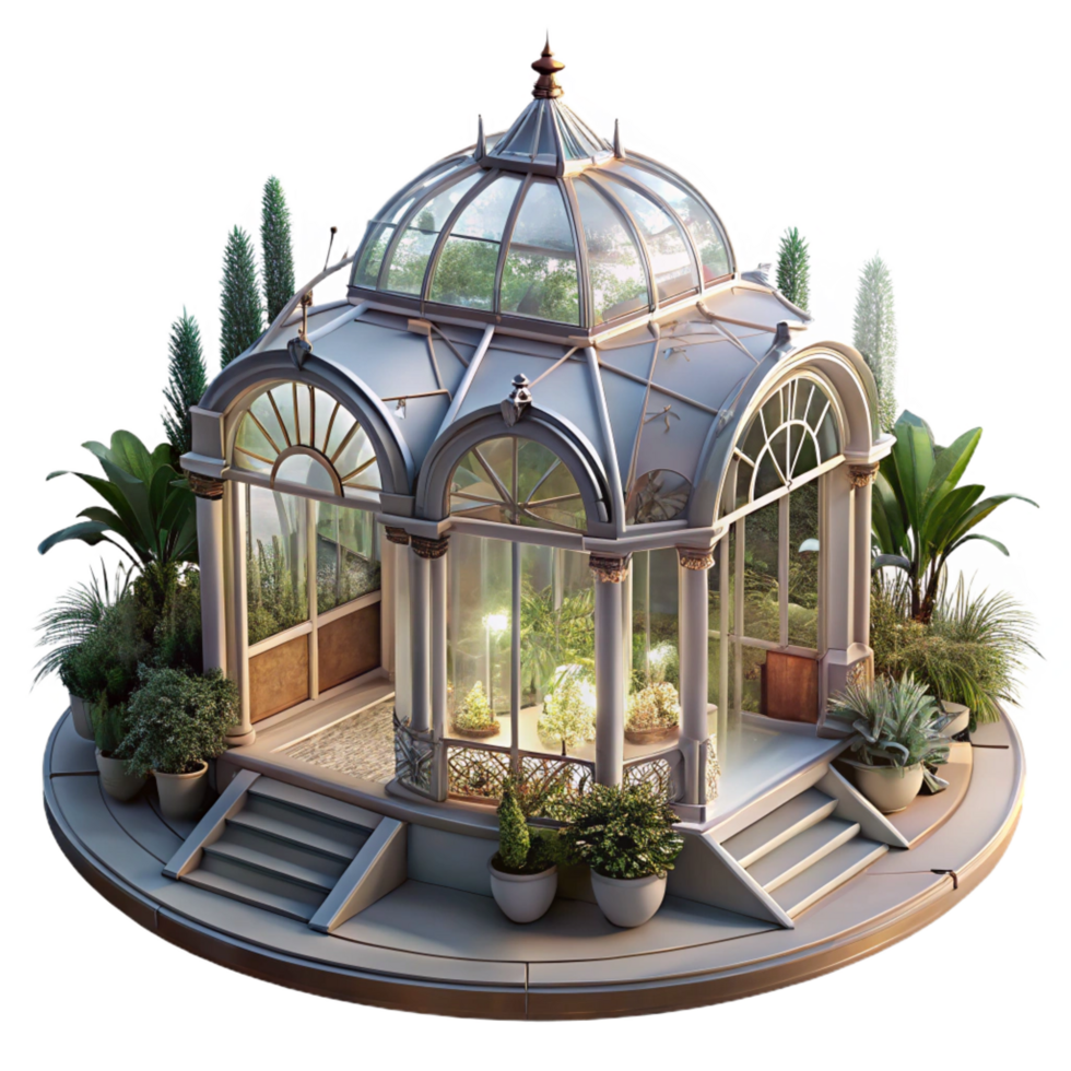 exceptional futuristic A floating Victorian greenhouse filled with exotic plants, soft light, ethereal, highly detailed, 4K png