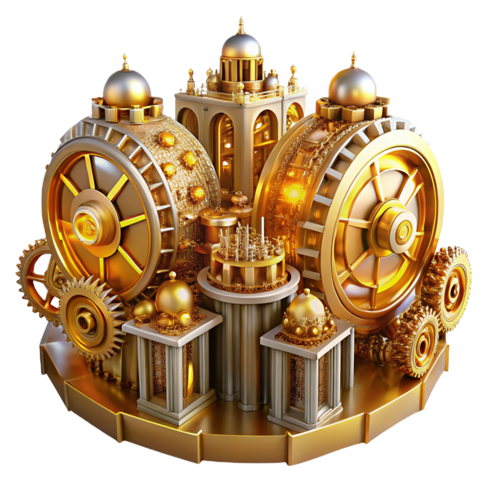 pristine quintessential An intricate clockwork city with gears and cogs, steampunk style, warm golden lighting png