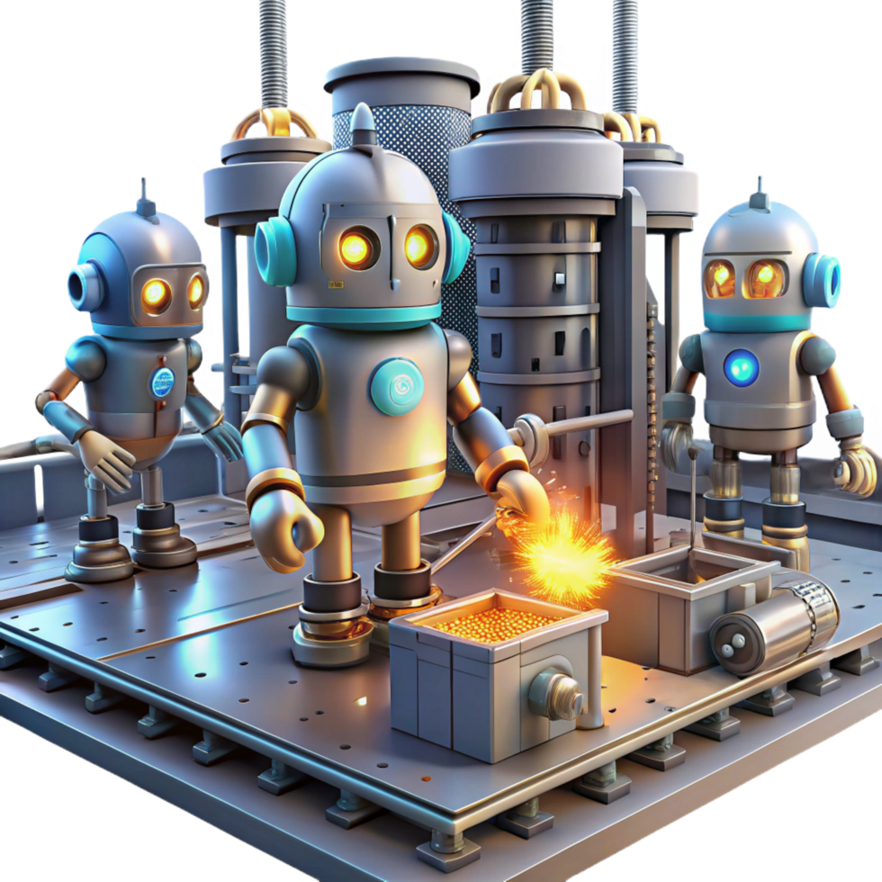 splendid peaceful artistic A group of robots working in a futuristic factory, glowing machinery and sparks flying, industrial setting, gritty and realistic style 8K png