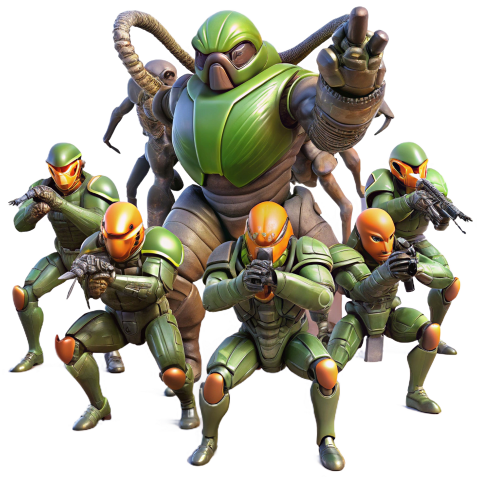 ethereal dazzling A group of genetically engineered soldiers, clad in power armor, battles giant, insectoid aliens on a war torn alien planet. Military sci fi style, dramatic lighting impeccable png