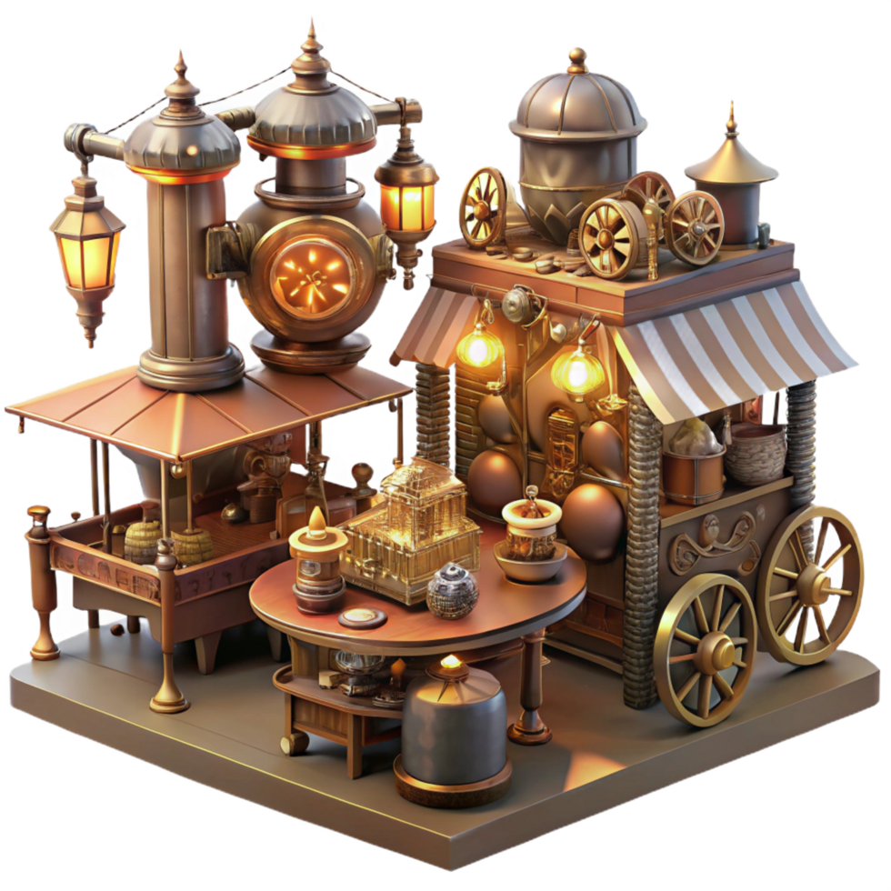 dramatic iconic A bustling steampunk marketplace, filled with vendors selling bizarre gadgets and automatons, bathed in the warm glow of gaslights. Detailed, cinematic style png
