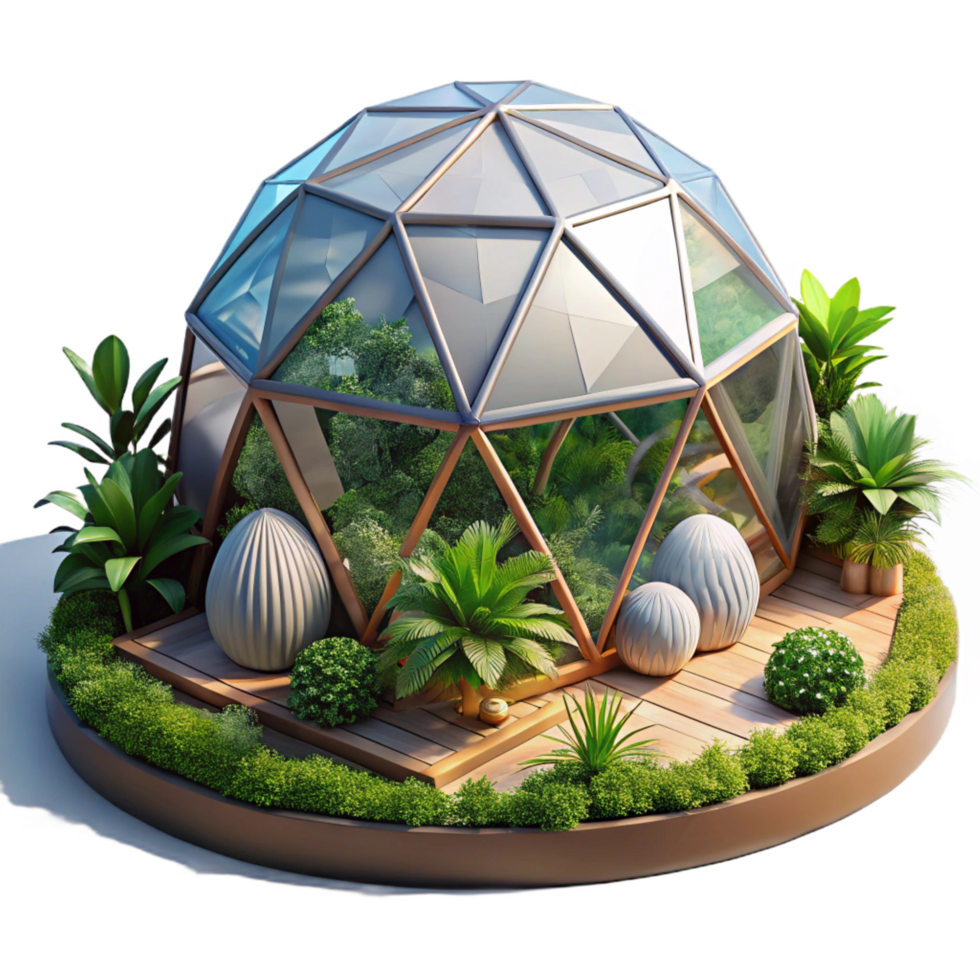 sought after tropical A geodesic dome housing a futuristic botanical garden, bright sunlight, lush tropical plants, geometric patterns, futuristic architecture authentic png