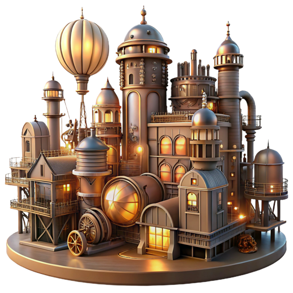 glorious baroque A steampunk cityscape, with towering buildings adorned with gears, pipes, and airships, illuminated by the warm glow of gaslight, in a detailed, panoramic style crisp png