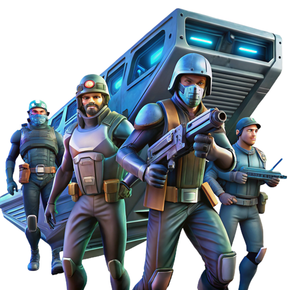exceptional modern A group of space pirates, clad in ragged clothing and armed with laser pistols, boards a derelict spaceship. Dark, dramatic lighting. Space opera style gallery standard png